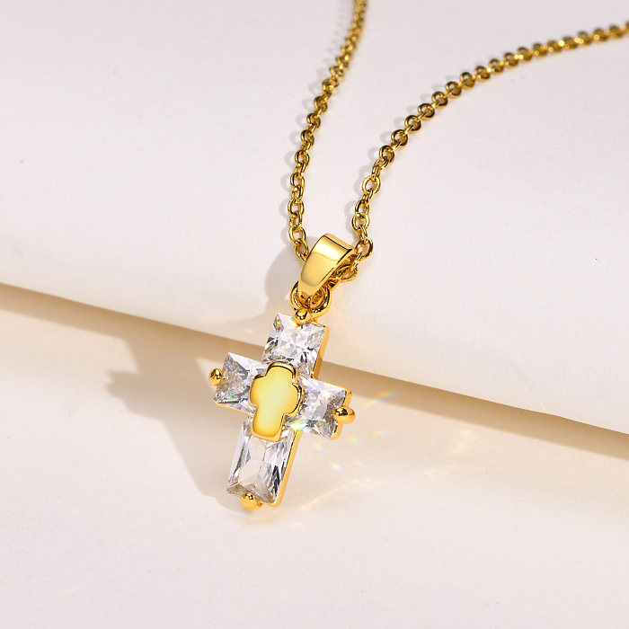 INS Style Casual Cross Stainless Steel  Plating Inlay Zircon 18K Gold Plated Necklace Pendant