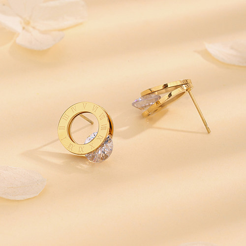 1 Pair Casual Simple Style Number Plating Inlay Stainless Steel Artificial Gemstones 18K Gold Plated Ear Studs