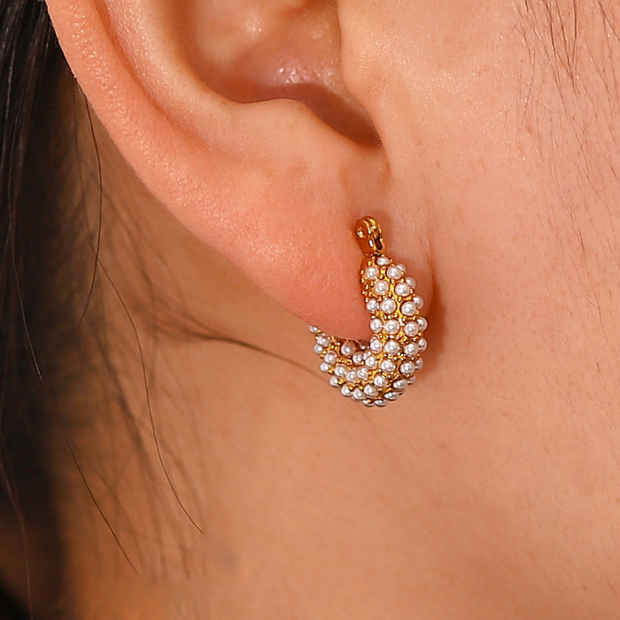 Boucles d'oreilles mode géométriques en acier inoxydable, incrustation de perles artificielles, 1 paire