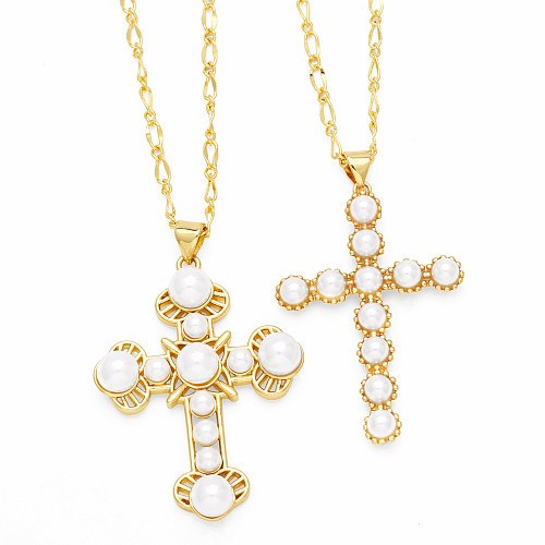 Elegant Cross Stainless Steel  Copper Plating Inlay Pearl 18K Gold Plated Pendant Necklace