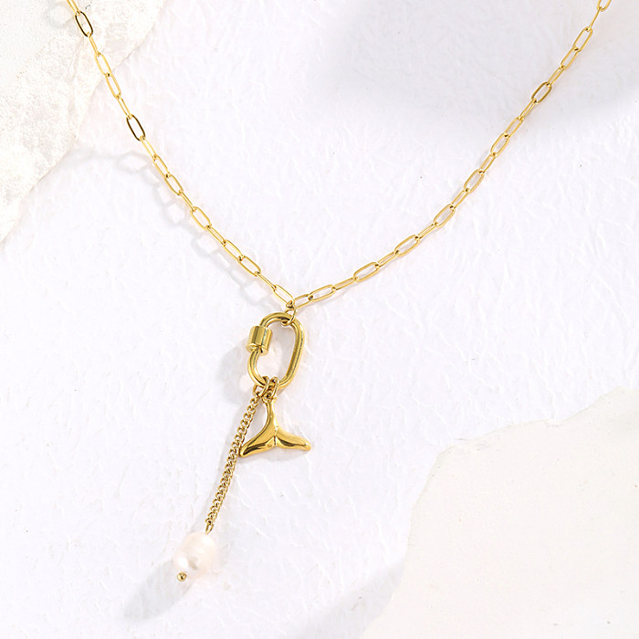 Casual Hip-Hop Fish Tail Stainless Steel  Pearl Plating Hollow Out 14K Gold Plated Pendant Necklace