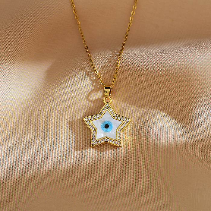 Casual Simple Style Devil'S Eye Star Flower Stainless Steel Copper Enamel Plating Inlay Shell Zircon Pendant Necklace