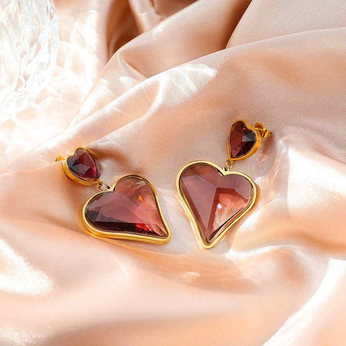 1 Pair Vacation Sweet Square Heart Shape Plating Inlay Stainless Steel  Zircon Gold Plated Drop Earrings