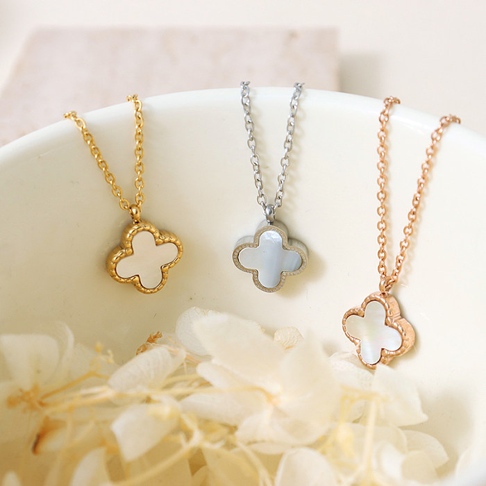 Elegant Cute Four Leaf Clover Stainless Steel Plating Inlay Shell 18K Gold Plated Pendant Necklace