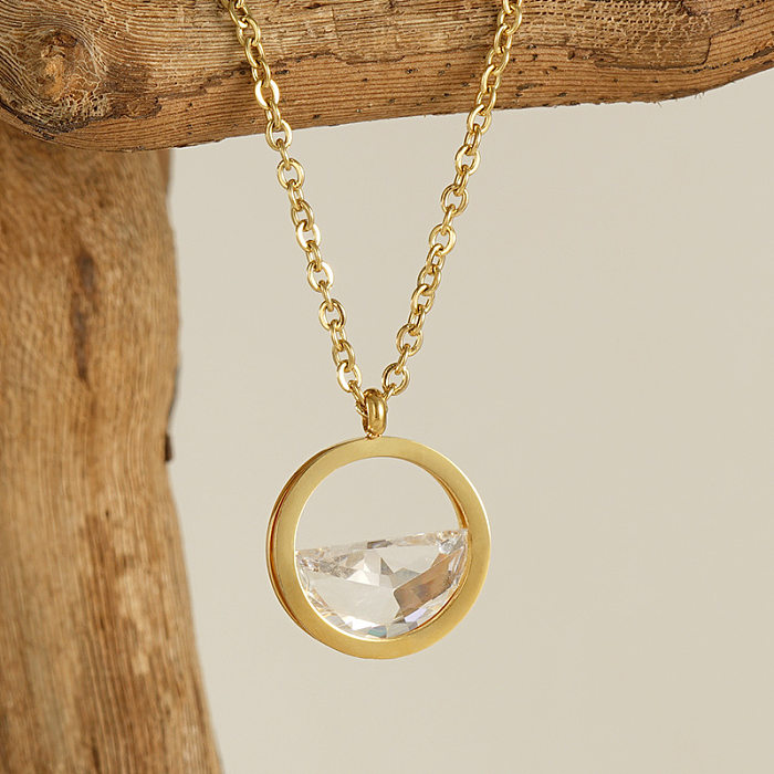 Collier avec pendentif en Zircon, 1 pièce, Style Simple, cercle en acier inoxydable, placage ajouré, incrustation de Zircon