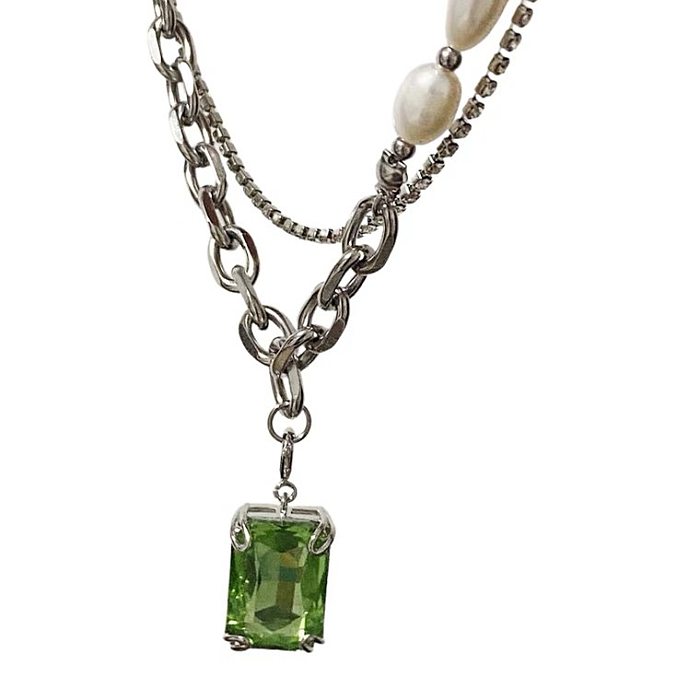 Collier Vintage en acier inoxydable, ceinture empilée d'émeraude, chaîne creuse de perles
