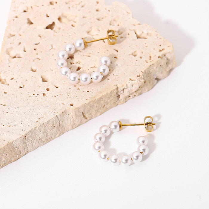 Pendientes en forma de C de perlas de acero inoxidable chapados en oro de 18 quilates Joyería al por mayor