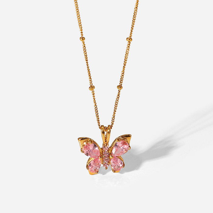 Nuevo Collar con colgante en forma de mariposa de circonio rosa de acero inoxidable chapado