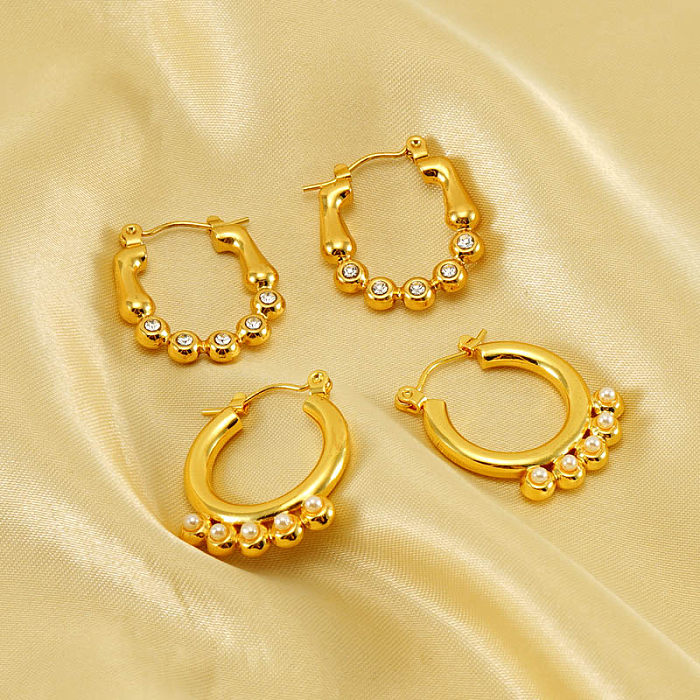 1 par elegante em forma de U polimento chapeamento incrustação de pedras preciosas artificiais de aço inoxidável brincos banhados a ouro 18K