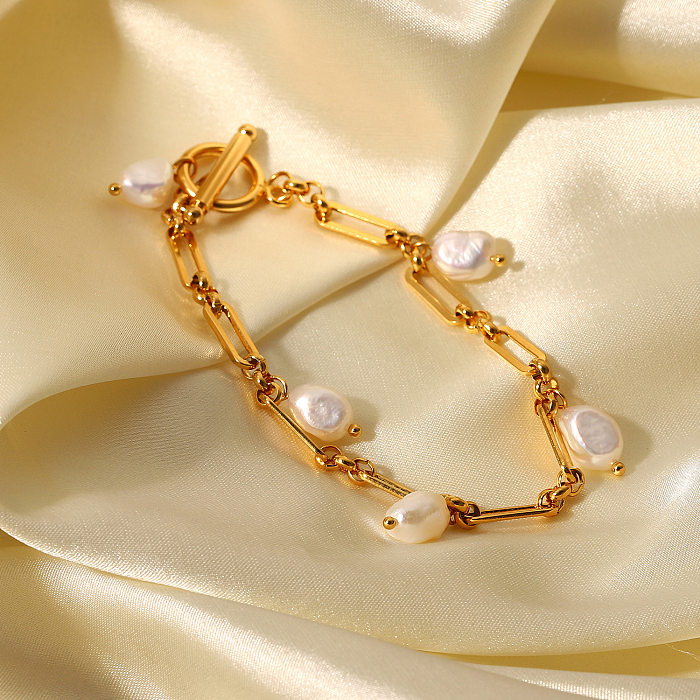Pulsera retro con hebilla OT chapada en oro de 18 quilates de acero inoxidable con cadena de costura de perlas