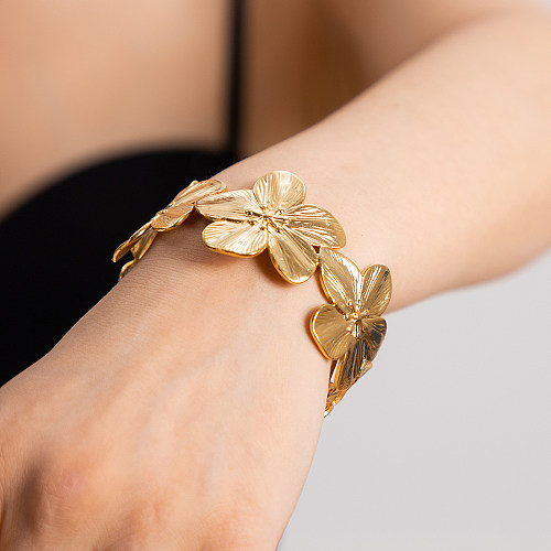Pulseira banhada a ouro 18K com flor de estilo simples e aço inoxidável