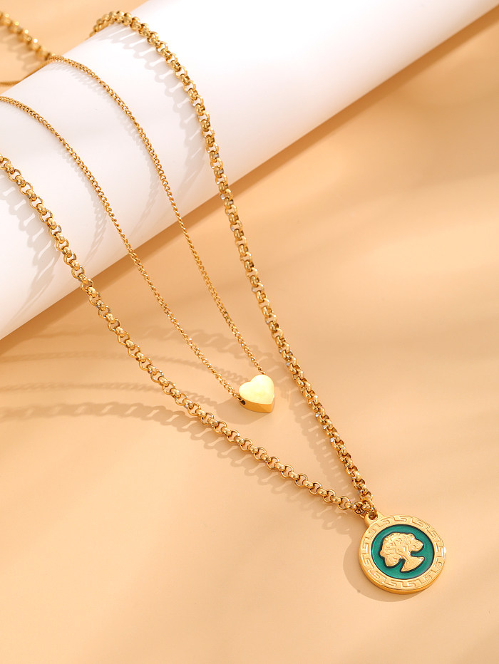 Retro Classic Style Heart Shape Eye Flower Stainless Steel Layered Plating Inlay Resin Zircon Gold Plated Layered Necklaces