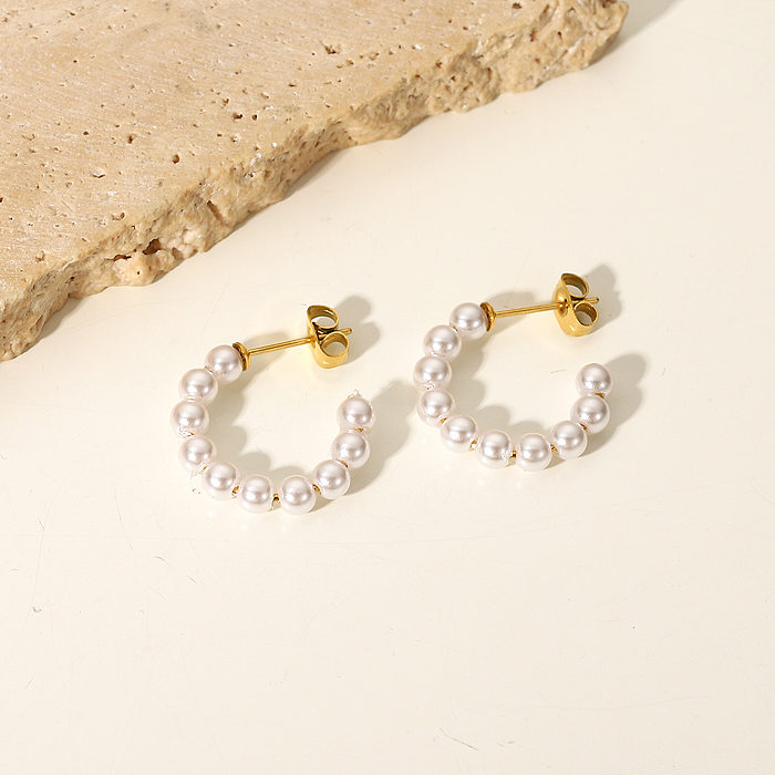 Boucles d'oreilles créoles en acier inoxydable en forme de C avec perles simples à la mode