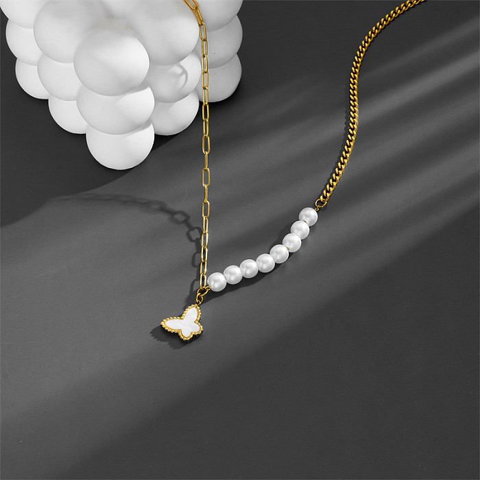Collier avec pendentif en forme de cœur, perle artificielle, incrustation en acier inoxydable, plaqué or 18 carats, papillon