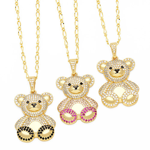 Cute Sweet Little Bear Stainless Steel  Copper Plating Inlay Zircon 18K Gold Plated Pendant Necklace