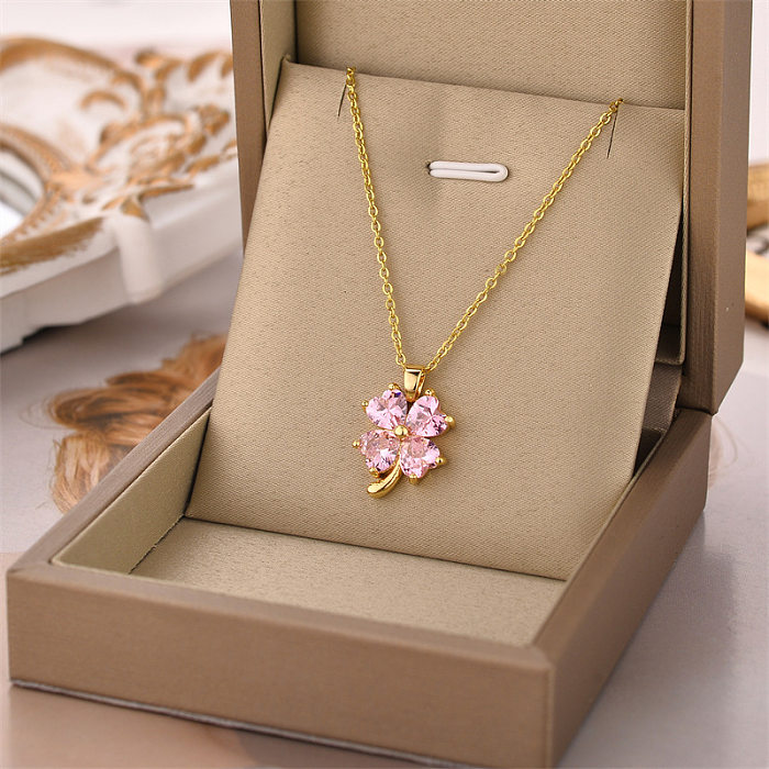 Fashion Four Leaf Clover Stainless Steel Inlay Rhinestones Necklace 1 Piece