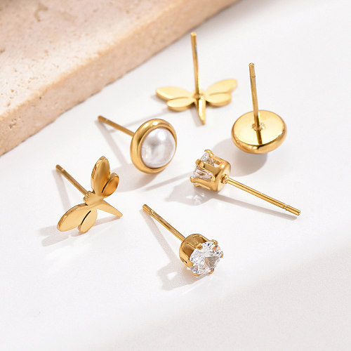 Pendientes chapados en oro de 3K con incrustaciones de libélula de perlas de estilo Simple y dulce, perlas artificiales de acero inoxidable con circonita, 14 pares