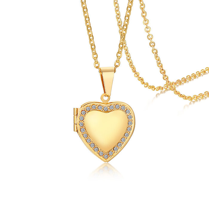 Collier avec pendentif en zircon plaqué acier inoxydable, forme de cœur, style simple, 1 pièce