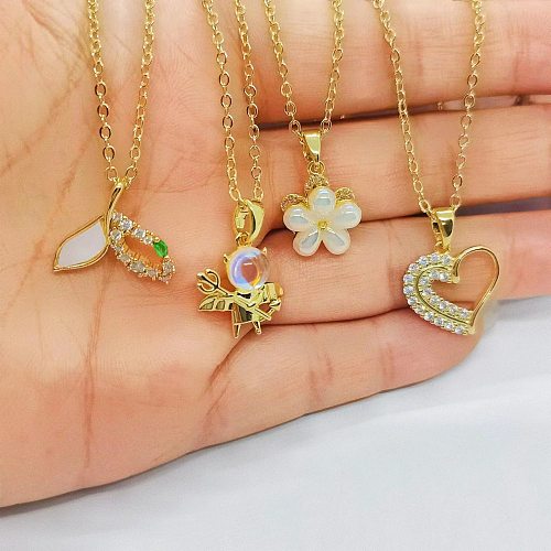 Simple Style Heart Shape Flower Stainless Steel Plating Inlay Artificial Gemstones Pendant Necklace