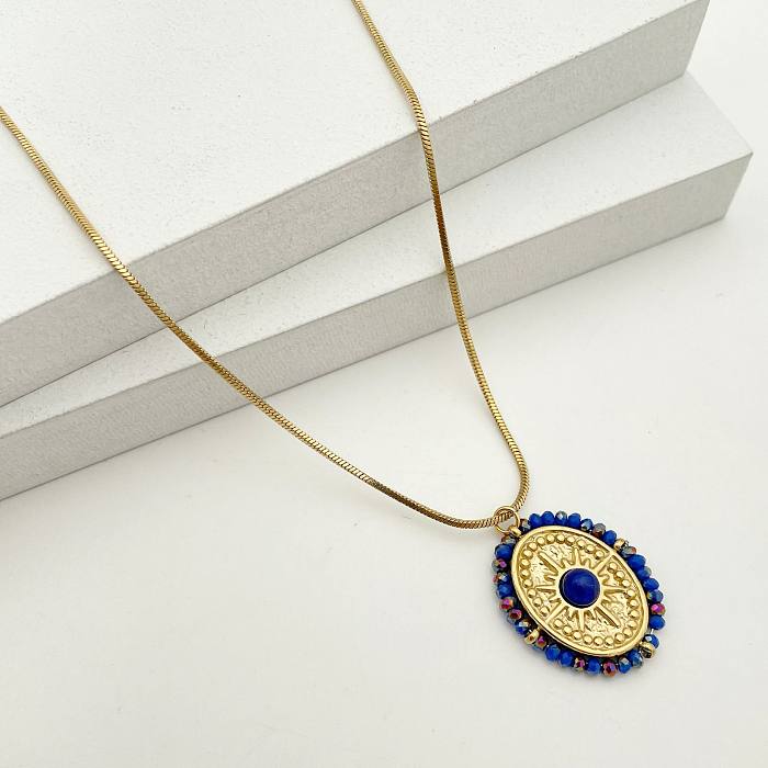 Fashion Sun Oval Stainless Steel  Stainless Steel Beaded Enamel Inlay Crystal Pendant Necklace 1 Piece