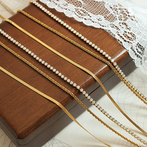 Modische, einfarbige, geschichtete Halsketten mit Zirkon-Intarsien-Edelstahlbeschichtung, 1 Stück