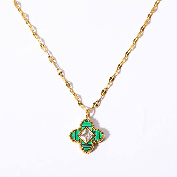 Casual Simple Style Four Leaf Clover Stainless Steel  Plating Inlay Shell Zircon 18K Gold Plated Pendant Necklace
