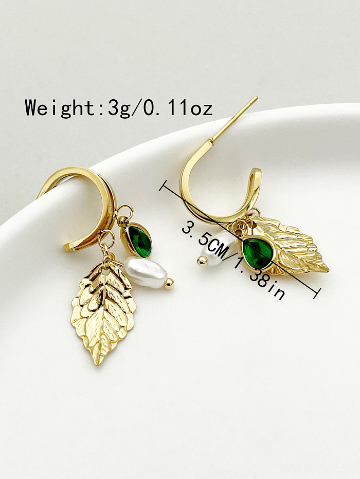 Boucles d'oreilles pendantes élégantes, feuilles douces, incrustation de perles, en acier inoxydable, plaqué or, 1 paire