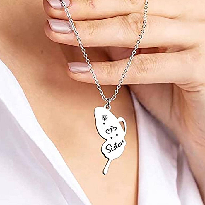 Sweet Classic Style Letter Butterfly Stainless Steel  Carving Pendant Necklace