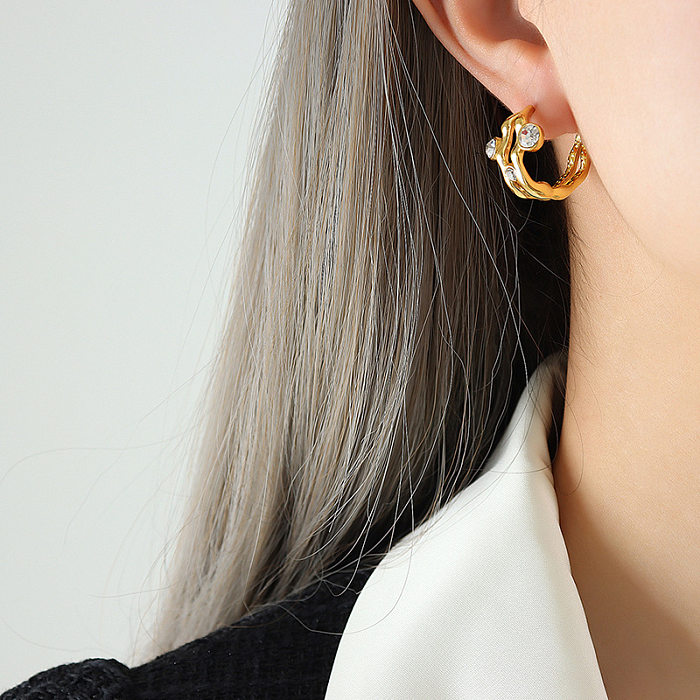 1 paire de boucles d'oreilles incrustées en acier inoxydable, couleur unie, Style Simple
