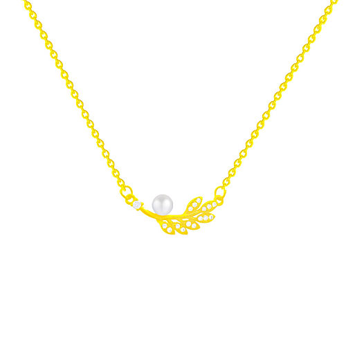 Simple Style Leaf Stainless Steel Plating Inlay Rhinestones Pearl Necklace