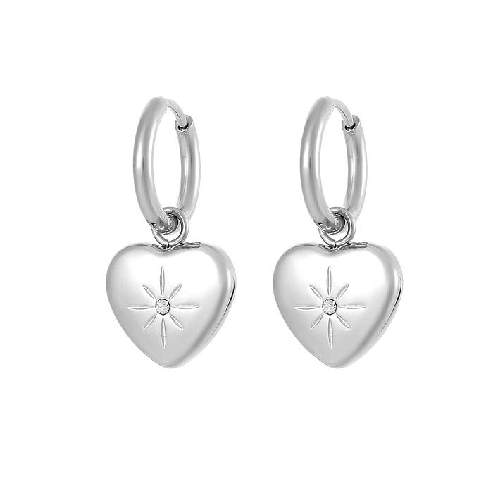 Retro Heart Shape Stainless Steel Drop Earrings Inlay Zircon Stainless Steel  Earrings 1 Pair