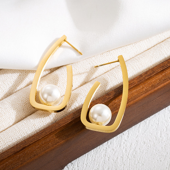 1 Paar elegante, künstlerische C-förmige Ohrstecker aus Edelstahl mit Inlay und künstlichen Perlen, 18 Karat vergoldet