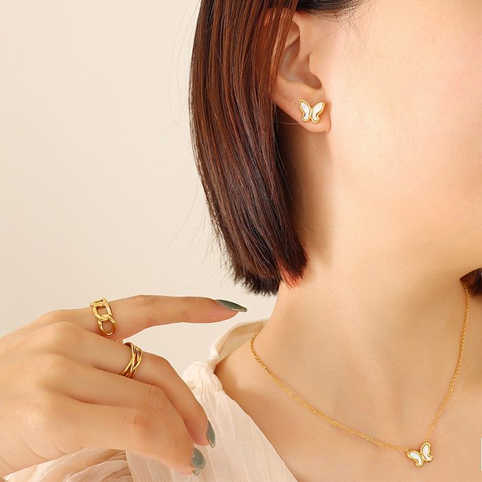 Simple Butterfly White Sea Shell Necklace Set Earrings Stud Earrings 18K Gold Titanium Steel
