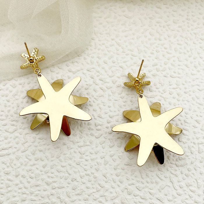 1 paire de boucles d'oreilles classiques en forme d'étoile de mer et de fleur, en acier inoxydable, pierre plaquée or