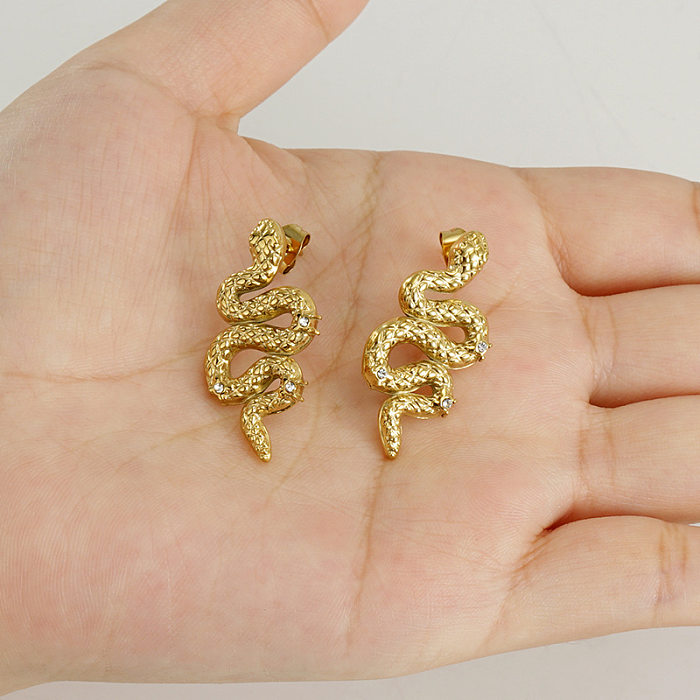 Boucles d'oreilles rétro serpent en acier inoxydable avec incrustation de strass, 1 paire