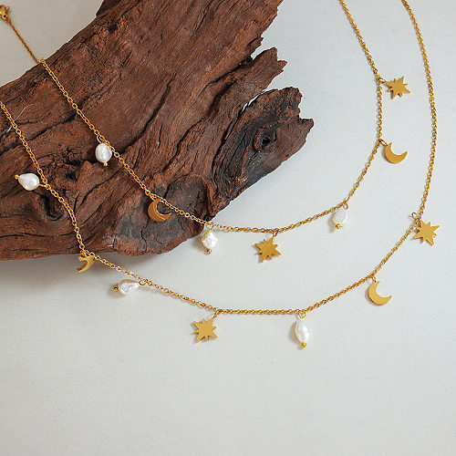 Modische Stern-Mond-Halskette aus Edelstahl mit Perlenbeschichtung aus Edelstahl