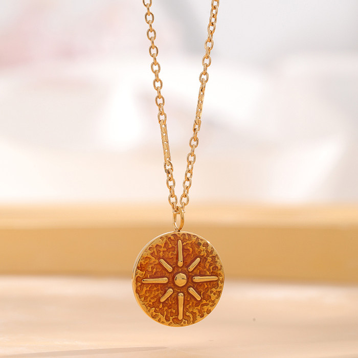 Retro Round Flower Snake Stainless Steel Enamel Plating Gold Plated Pendant Necklace