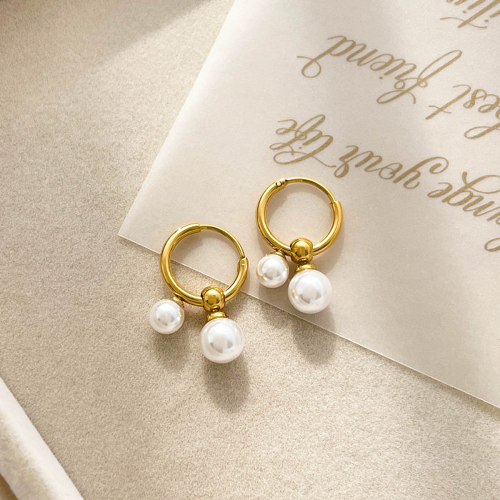 1 paire de boucles d'oreilles pendantes en acier inoxydable, Style Simple, incrustation de couleur unie, perle en Zircon