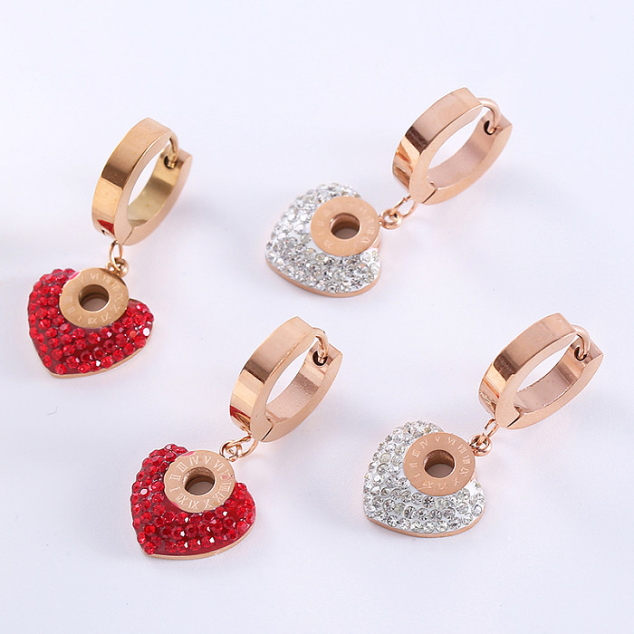 1 Paar Basic Streetwear Herzform-Beschichtungs-Inlay aus Edelstahl mit künstlichem Diamant und 18 Karat vergoldeten Ohrhängern