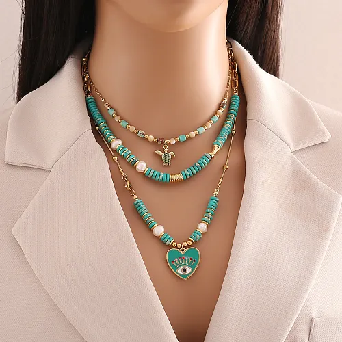 Elegant Lady Devil's Eye Heart Shape Stainless Steel  Artificial Pearl Natural Stone Beaded Pendant Necklace