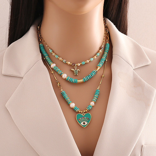 Elegante Damen-Teufelsauge-Herzform-Edelstahl-Kunstperle-Naturstein-Perlen-Anhänger-Halskette