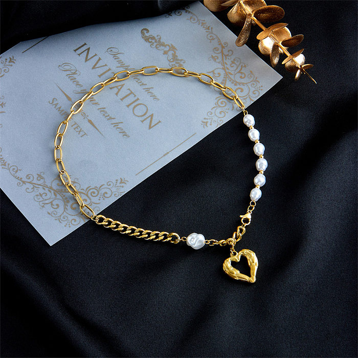 Collier de perles en acier inoxydable en forme de cœur creux simple à la mode