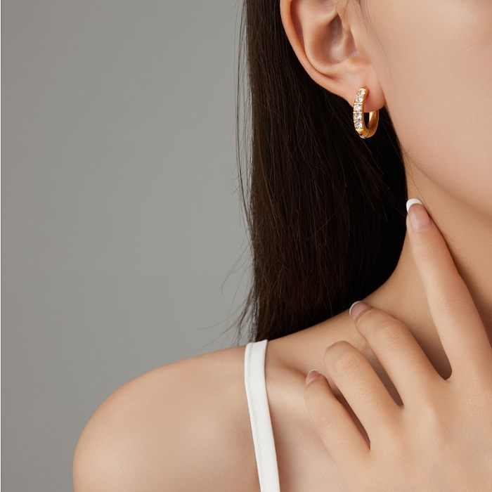 1 Pair Vintage Style C Shape Polishing Plating Inlay Stainless Steel  Zircon Gold Plated Ear Studs