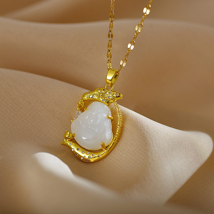 Colar com pingente banhado a ouro de zircônia de jade com revestimento geométrico casual e elegante em aço inoxidável