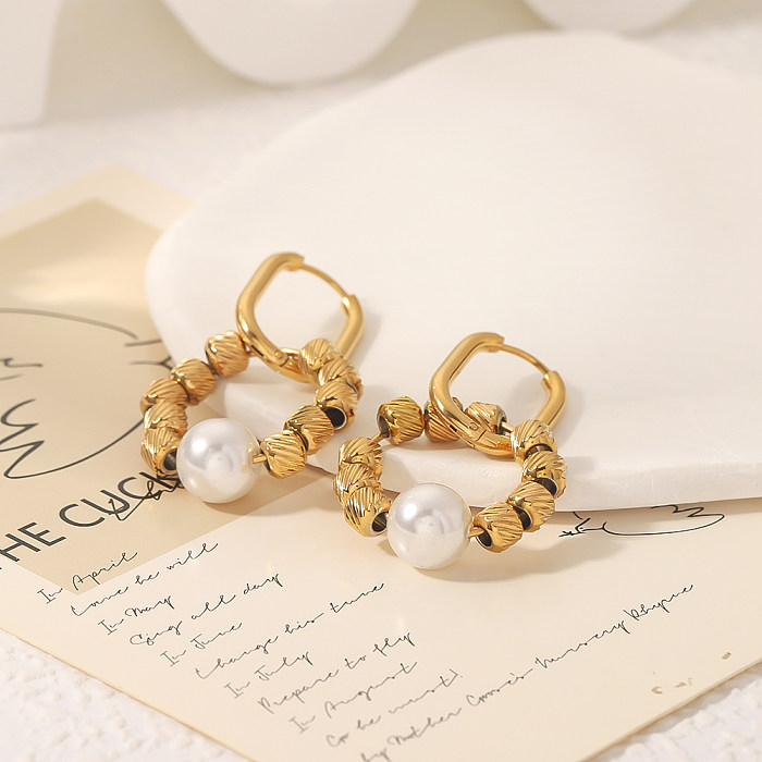 1 Pair IG Style Vintage Style Classic Style Circle Round Plating Stainless Steel  Imitation Pearl 18K Gold Plated Earrings