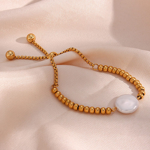 Bracelet à cordon de serrage en perles de style rétro en acier inoxydable plaqué 18 carats