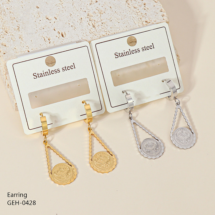 1 Pair Vintage Style Classic Style Round Sun Roman Numeral Plating Carving Stainless Steel  Gold Plated Silver Plated Drop Earrings