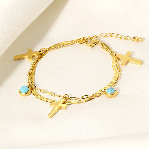 Cool Style Shiny Cross Round Stainless Steel Layered Plating Inlay Turquoise 18K Gold Plated Bracelets