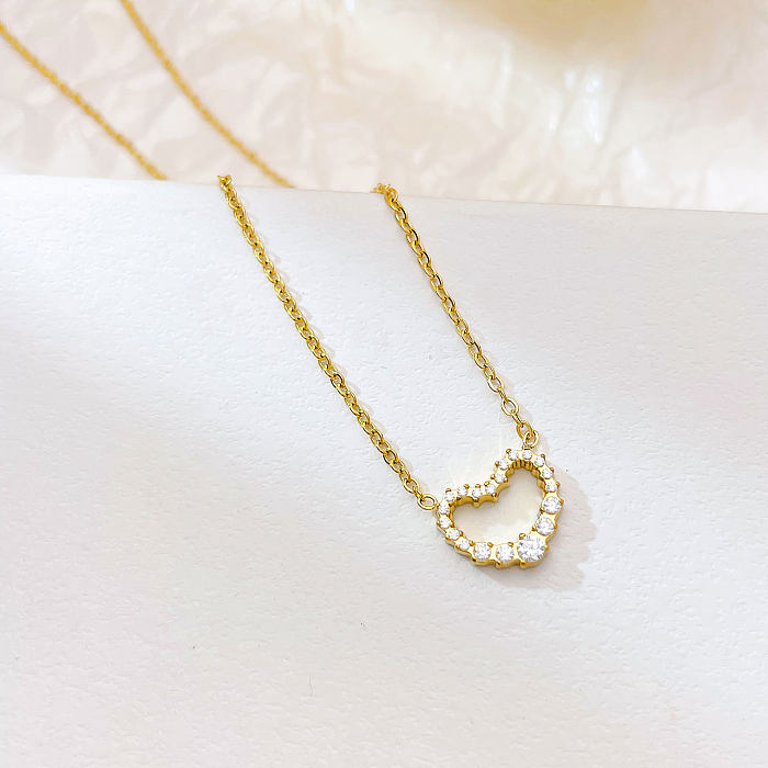 Doce estilo simples forma de coração chapeamento de aço inoxidável oco incrustação zircão branco banhado a ouro pingente colar