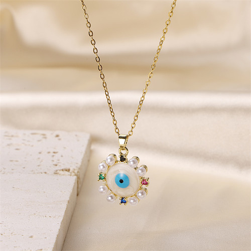 Simple Style Devil'S Eye Stainless Steel  Brass 18K Gold Plated Rhinestones Pearl Pendant Necklace In Bulk